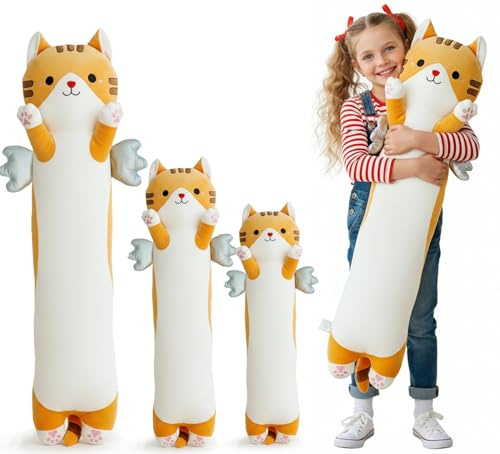 Kekeso Almohada Larga de Peluche Gato, Cojín Cuerpo de Gato Tierno con Alas, Peluche Kawaii Suave para Abrazar - Regalo para Niños en Navidad, San Valentín & Cumpleaños(Amarillo, 60cm/23.62in)