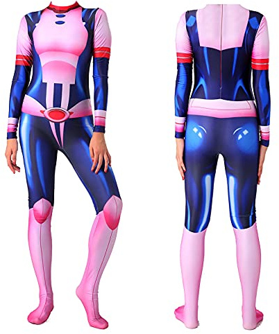 Qixiaan MHA - Costume da donna per cosplay di Ochako Uraraka, tuta attillata, tuta da combattimento, set completo, per Halloween e feste in maschera