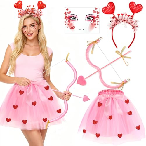 Beipegin Disfraz Cupido Mujer Flecha Arco Cupido Falda Tutú Diadema de Corazon Cariñoso de Cupido Disfraces Cupido San Valentín Carnaval Fiestas