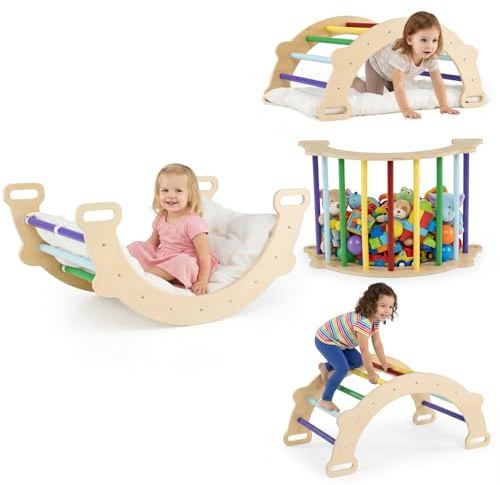 COSTWAY Arco da Arrampicata per Bambini, 3 in 1 Altalena ad Arco in Legno con Cuscino Morbido, Doppia Faccia, Ideale per Bambini 3+ Anni (Stile 2 Colorato)