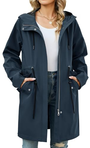 Tuopuda Giubbotto Leggero Donna con Cappuccio Cappotto Lungo con Vita Regolabile Parka Giacca a vento Idrorepellente per la Primavera Autunno(Marina Militare,XXL)