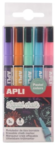 Apli 20326 - Marqueurs craie liquide couleurs pastel - Pack de 5 - Pointe ronde 3 mm - Effaçables sur surfaces non poreuses - Pour vitrines, tableaux et verre
