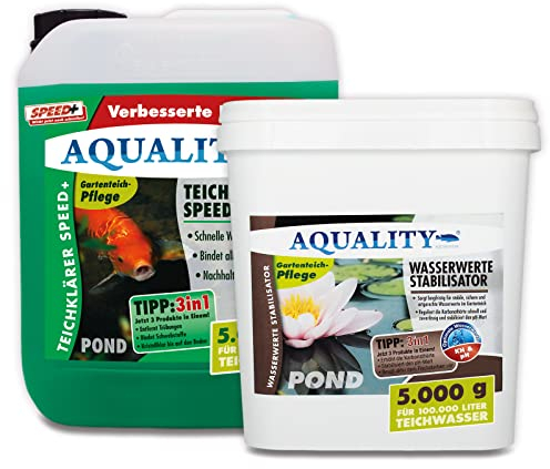 AQUALITY Klarwasser Teichpflege-Komplettset (Set mit Teichklärer und Wasserwerte Stabilisator für einen klaren Gartenteich, nachhaltige Wirkung), Inhalt:100.000 Liter