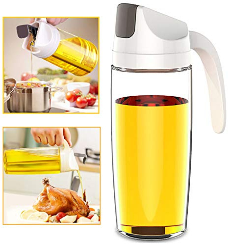 LayYun Auto Flip olivolja dispenser flaska, 600 ml 20 oz läckagesäker vinägerglas smaktillsatsbehållare med automatisk lock och stoppare, droppfri pip, halkfritt handtag för köksmatlagning