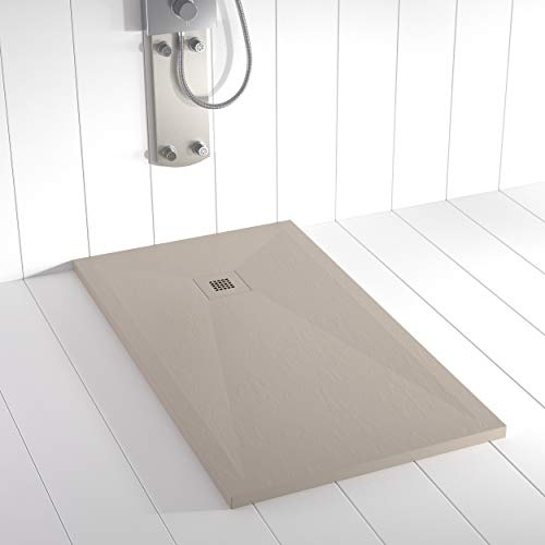 Plato de ducha resina PLES desagüe centrado color Arena 100x80 textura pizarra antideslizante rejilla del mismo color con válvula