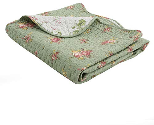 Vintage Floral Rose Green Chintz Sage Green Pink Yellow Scalloped Quilted Cotton Reversable Throw Blanket, 60x 50