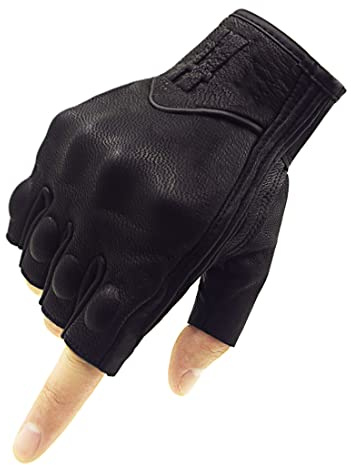 Harssidanzar Guantes de Motocicleta de Cuero de Piel de Cabra sin Dedos para Hombre con Pantalla táctil GM037EU,Negro,Talla M