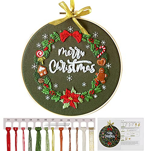 MWOOT Natale Kit Ricamo Starter Cucire Accessori Con Telaio da Ricamo,Christmas Ricamo Punto Croce Manuale Kit Cucito,Set per Embroidery Starter per Principianti