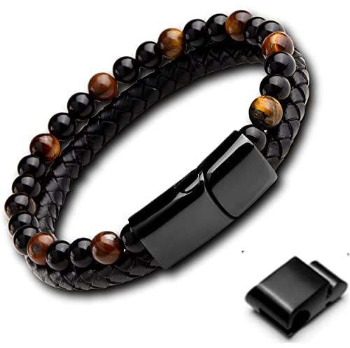 genac Originelles Armband für Männer aus Natursteinperlen 6 mm und echtem Leder mit abnehmbarem Magnetverschluss aus Edelstahl zum einfachen Einstellen der Länge., 22 cm, Stein Edelstahl Leder