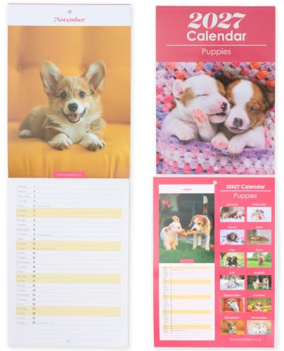 2027 Wall Calendar Slim Cute Puppies Slim Month to View Family Planner | UK-Made Hanging Calendar with UK Holidays, Important Dates, Year Overview and Writing Space - Size 42 x 14.5cm When Open