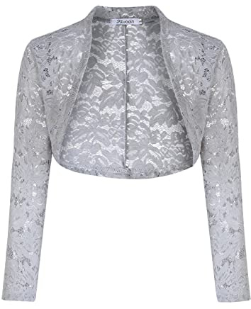 KOJOOIN Mujer Bolero Fiesta Elegante Toreras Chaqueta de Encaje Cárdigan de Manga 3/4 Brazo Vestido de cóctel de Boda Gris 2 M