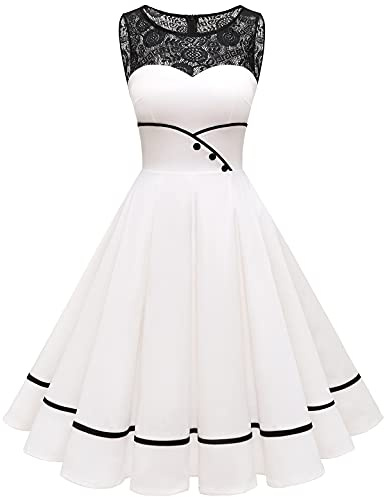 Bbonlinedress Abito da cocktail da donna, rockabilly, in pizzo, stile vintage anni '50, elegante, senza maniche, girocollo, avorio, XS