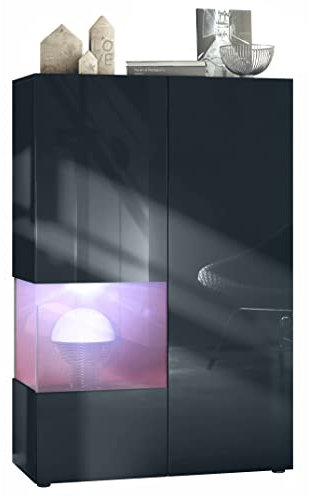 Vladon display cabinet Morena V2, floor-standing showcase with 2 doors and glass insert, carcass black matt, fronts black high gloss, Cube bordeaux high gloss incl. white LED lighting