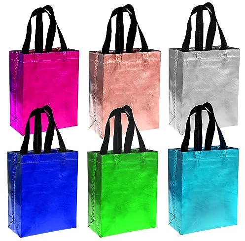 6 Stück bunte Geschenktüten, mittelgroß 20 x 10 x 25 cm wiederverwendbare Tragetaschen mit Griffen, glänzende Einkaufstüten stilvolle Geschenk Tüten für Geburtstag Hochzeit Feier Party Weihnachten