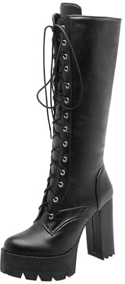 ESSUE Botte Haute Femme Talon Chunky sur Bottes Chaussure Hauteur Genou Cuissardes Grande Taille Sexy Mode Bottes Hautes Confortables Bottes longues Antidérapantes Rétro Larges bottes de cowboy