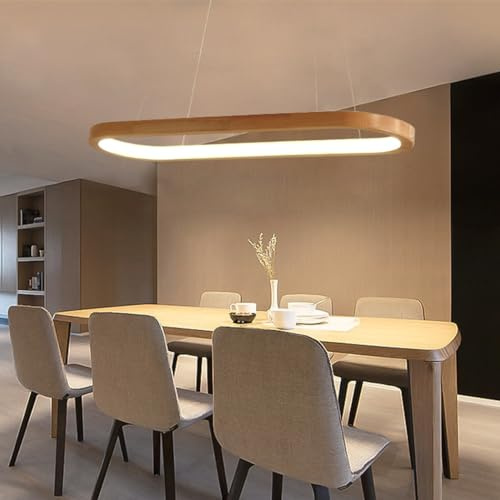 Lampada a Sospensione LED Sala da Pranzo Lampadario Dimmerabile Soggiorno Plafoniera Moderno Ovale Lampadari per Ufficio Tavolo da Pranzo Camera da Letto Lampada (Legno, L90CM)