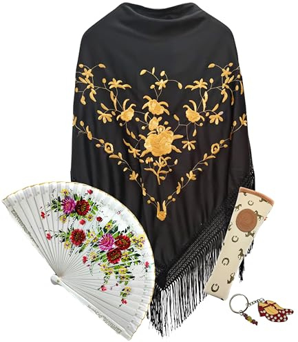 Mantón Negro, Abanico de Madera con Flores pintadas a Mano (Modelo Surtido), Funda Artesanal para Abanico Hecha en España y LLavero Estilo Flamenco (Negro DoradoR Surtido) (ND Blanco Surtido)