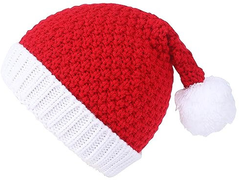 MEKIN Weihnachtshut für Erwachsene, Unisex Familie Santa Hut Weiche Plüsch Pelz gestrickte Weihnachtshut, dicken bequeme handgemachte Weihnachtsmann Hut für Weihnachten Neujahr Cap(Rot)