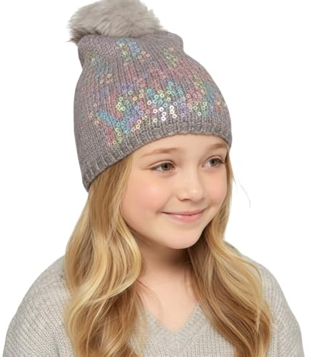 A2Z 4 Kids Girls Hats Sequin Bobble Knit Pom Pom Faux Fur Hat - Hat KH1020 Grey 7-10