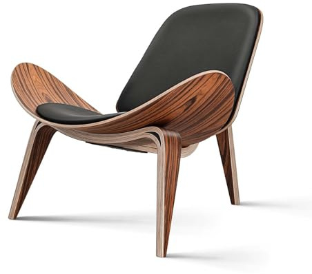OTDMEL Mid Century Modern Shell Lounge Chair, PU Leather, Tripod Plywood Classic Design Solid Wood Accent Chairs for Living Room, Reading, Lounge, Office, Salon