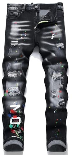Kdtoll Jeans Uomo Slim Fit Strappati - Pantaloni in Denim Elasticizzati con Strappi, Stile Hip-Hop Streetwear Y2K, Disegno a Spruzzo D'inchiostro, Design Casual alla Moda per Tutte Le Occasioni