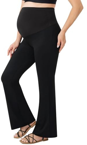 Risipu Pantalon de maternité pour femme taille haute doux et extensible pour grossesse avec jambes larges confortables pour le ventre pantalons de travail et de détente avec poches, Noir , XL