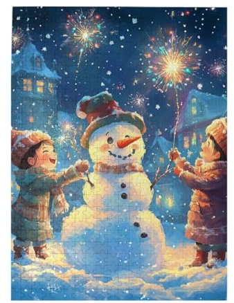 MA6GE8DE 500 Pieces Adults Jigsaw Puzzle, Kids Playing with Snowman & Sparklers – Winter Night Celebration with Fireworks, Gift Boxes & Snowy Town, Adultcreative Games, Wooden Puzzle