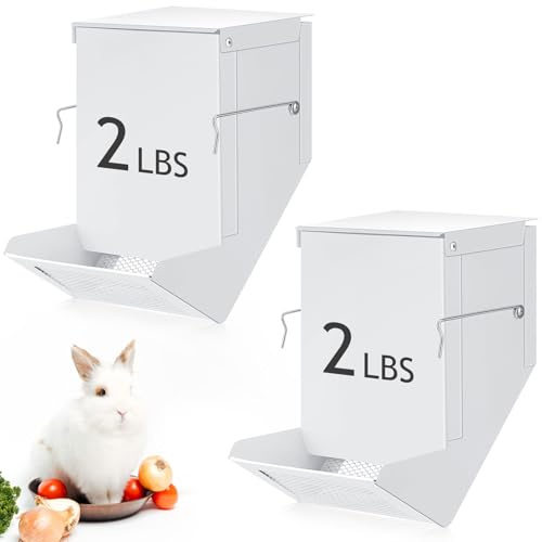Maxcheck 2 Pcs Rabbit Feeder for Cages Small Animal Food Pellet Dispenser with Lid Metal Chicken Grit Oyster Shell Squirrel Feeders Outside(4.7 Inches,Mesh Bottom,White)
