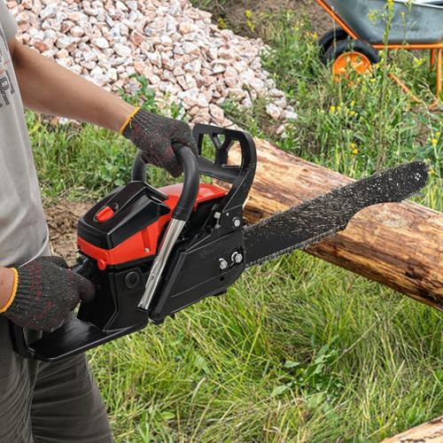 Bensin motorsåg motorsåg trädsåg, luftkyld 2-taktsmotor, 58 cm³ cylindervolym, 45,7 cm kedjelängd, varv 2800–11 000 varv/min, med handskar, för skärning av trädgårdsträd och skogsinsats
