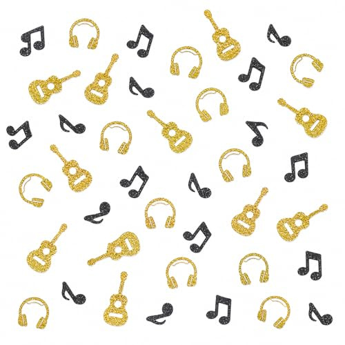 Ovanda 100 unidades de confeti de música, color negro y dorado, notas musicales de mesa con auriculares para guitarra, notas musicales, decoración para fiestas de cumpleaños