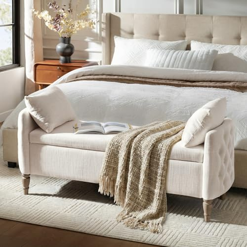 HULALA HOME Large Ottoman Storage Bench with Solid Wood Spool Legs, Ivory