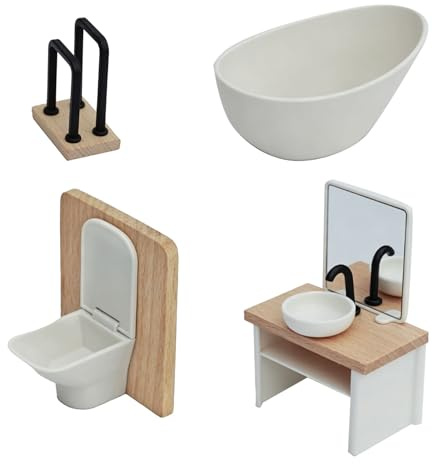 Qudinip Dollhouse Badrumsset i Skala 1:12 med Modern Designbadkar och Toalett för Fantasifull Lek 4 St bokträ