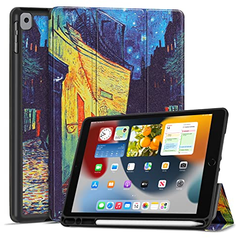 TNP iPad Hülle für iPad 9./8./7. Generation 10,2 Zoll 2021/2020/2019 Modell, Schutzhülle mit Stifthalter, dünner und weicher iPad Case aus TPU, iPad Cover mit Auto Schlaf/Wach Funktion, Nachtcafé