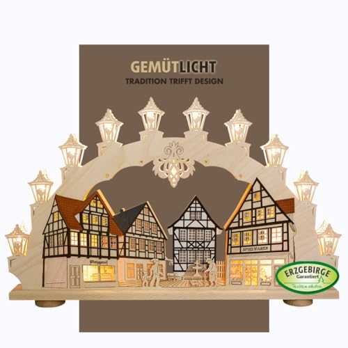 WEIGLA - Schwibbogen original Erzgebirge I Motiv Altstadt I Lichterbogen Weihnachten I 15 Lampenkerzen + 1 Ersatzlampe I 15 x 16 V, 3 W, E10 I beleuchtete Weihnachtsdeko innen I aus Holz