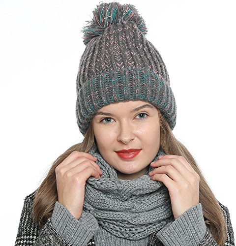 DonDon Berretto Beanie Invernale con pompon da Donna lavorato a Maglia con foderna interna calda e morbida - Grigio Rosa Turchese