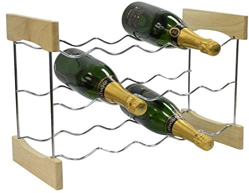 RTA 32 cm 15 Bottle Wood & Metal Wine Rack | 3-Tiered Wavy Chrome Drinks Cabinet | Freestanding Alcohol Storage Stand, Drinks Holder | Prosecco/Champagne Rack for Kitchen/Pantry Storage & Organisation