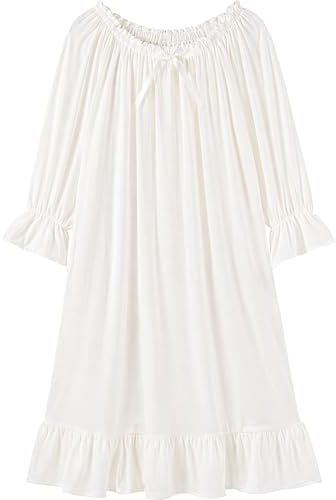 CHUNG Little Girls Vintage Victorian Nighties Long Sleeve Lace Round Neck Nightdress Princess Nightgown Cream, 8-9 Years