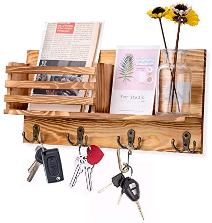 AXABING Key Holder for Wall Decorative with 4 Double Key Hooks, Wall Mounted Key Hangers for Wall with Mail Key Rack, Wooden Mail Organizer with Shelf, Home Decor for Entryway Mudroom Hallway Office