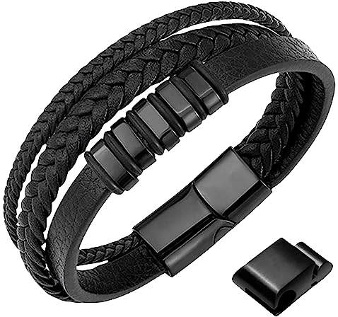 genac Armband für Herren aus hochwertigem Echtleder und Edelstahl mit abnehmbarem Magnetverschluss zum einfachen Einstellen der Länge des Schmucks, perfekt für eine tolle Geschenkidee (Schwarz)