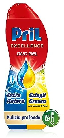 Pril Excellence Duo Gel, Detersivo lavastoviglie Gel, azione sciogligrasso, con limone, Formato singolo da 45 Lavaggi
