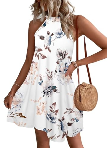 WNEEDU Abito Donna Estivo Vestito Spiaggia Senza Maniche Abito Cort Casual Collo Sospeso Copricostume con Tasche Bianco Floreale M