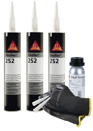 Sikaflex 252 schwarz 3x 300ml Klebstoff mit Primer 207 - für die Verklebung von Stahl und Aluminium mit 5 Düsenspitzen