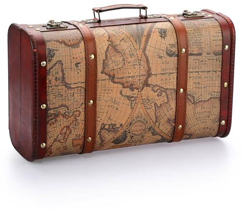 IGNPION Wooden Pirate Treasure Chest Box with Map Motifs, Vintage Style Gift Box, Home Decorative Shelf Chest Jewelry Trinket Storage Box, Wood Keepsake Box (XXL)