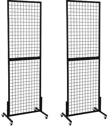 HIDODO Freestanding Grid Wall Panel Standing Wire Grid Display Rack with T-Base Wheels, Gridwall Panel Tower for Shows, Black (2 Pack)