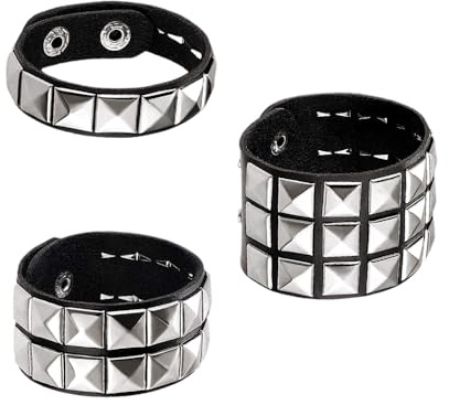 Laroal Pulsera con Tachuelas Punk de 3 Piezas, Pulsera con Tachuelas, Pulsera gótica Punk Rock, Pulsera con Tachuelas Ajustable, Juego de Pulseras góticas rockeras