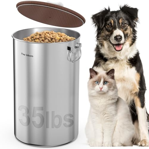 Paw Libero 35 Lbs Stainless Steel Dog Food Storage Container with Airtight Wooden Lid & Ceramic Bone Handle, Large Metal Dog Food Bin for Dogs & Cats, Keep Fresh, Easy to Clean