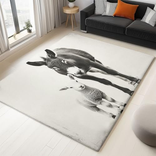 Teppich 160 x 230 cm Bedruckter Kurzflor-Teppich Tiere Lamm Esel Großer Innenteppich Mit Rutschfester Rückseite, Waschbarer Superfeinem Kaschmir Teppich Grau Creme