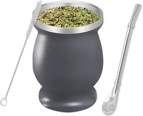 Ruikcoll Yerba Mate,Yerba Mate Cup, Double-Wall Yerba Tea Set, Yerba Cup, with Straw Spoon and Cleaning Brush, for Yerba Mate Drink, Coffee, Milk and Juice, Grey,8oz