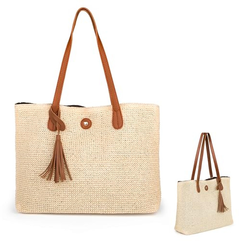 Tunejoy Stroh Schultertasche Damen Groß Strand Gewebte Taschen Grosse Kapazität Beige Korbtasche Handgemachte mit Leder Schultergurt Schnalle für Strand Reise Einkauf Frauen Mädchen Geschenke