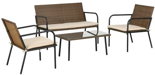Outsunny Conjunto de Jardín de Ratán Sintético Juego de 4 Piezas de Muebles de Jardín con 2 Sofás Individuales 1 Sofá de 2 Plazas y 1 Mesa con Vidrio Templado Anti-UV para Patio Terraza Multicolor